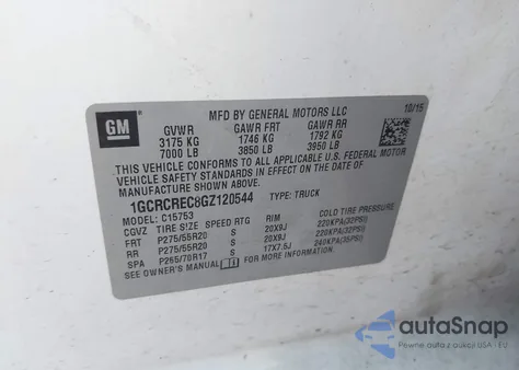 2016 Chevrolet Silverado 1500 1Lt z USA, uszkodzony, nr VIN 1GCRCREC8GZ120544